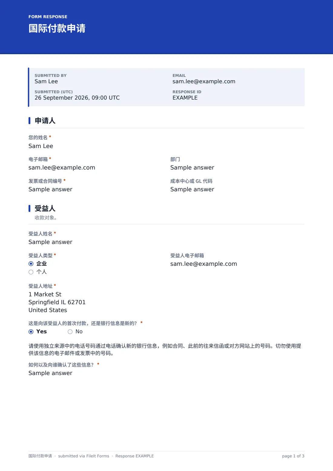 国际付款申请 — 示例回复 PDF，第 1 页，共 3 页