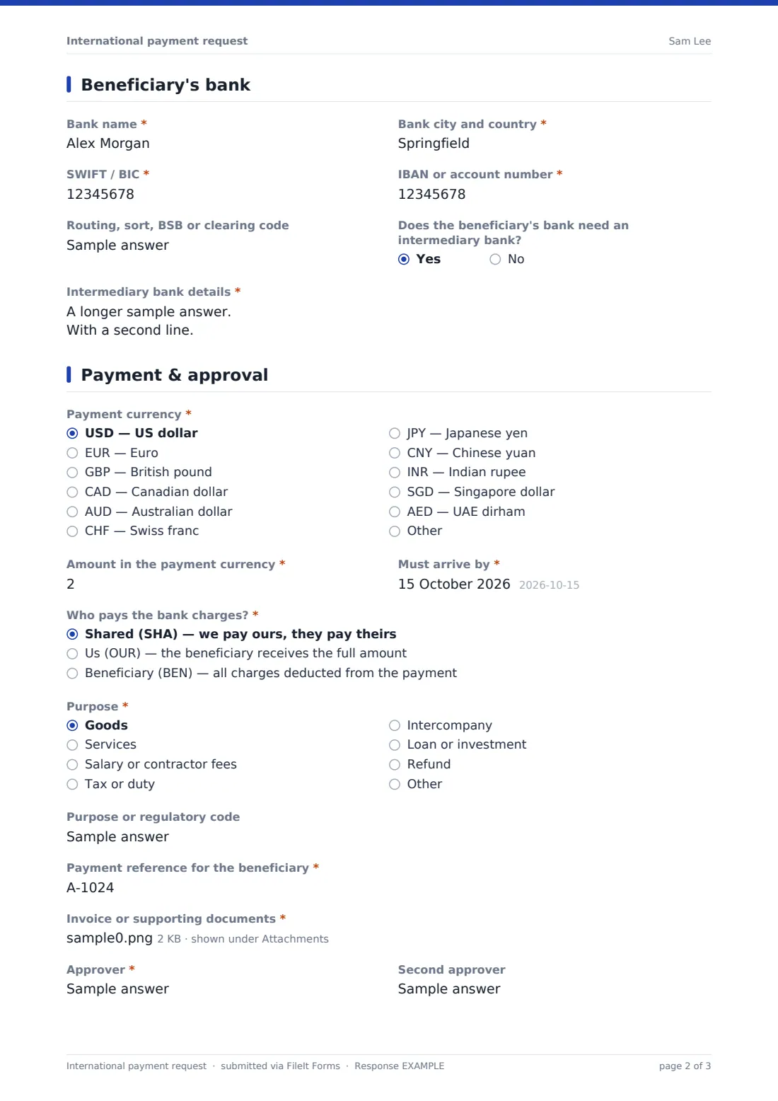 International payment request — example response PDF, page 2 of 3