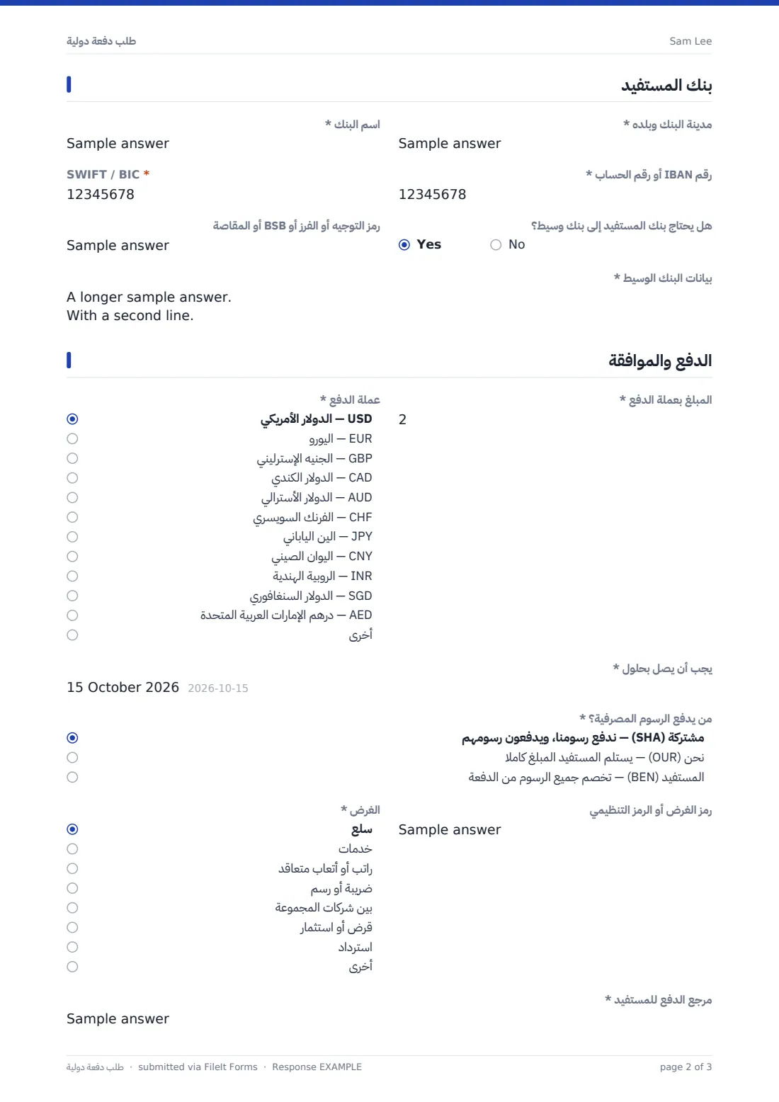 طلب دفعة دولية — ملف PDF لرد نموذجي، الصفحة 2 من 3