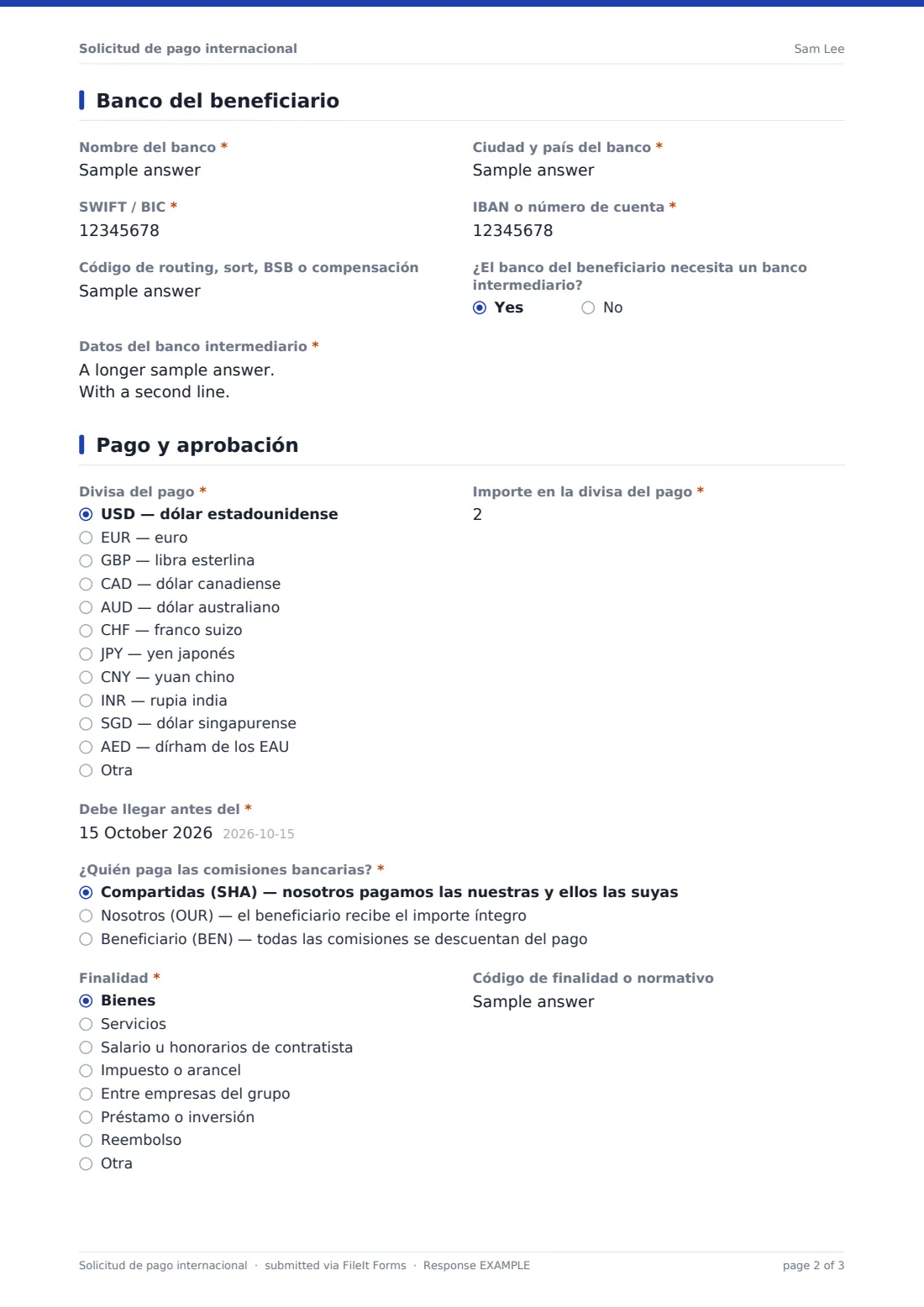 Solicitud de pago internacional — PDF de respuesta de ejemplo, página 2 de 3
