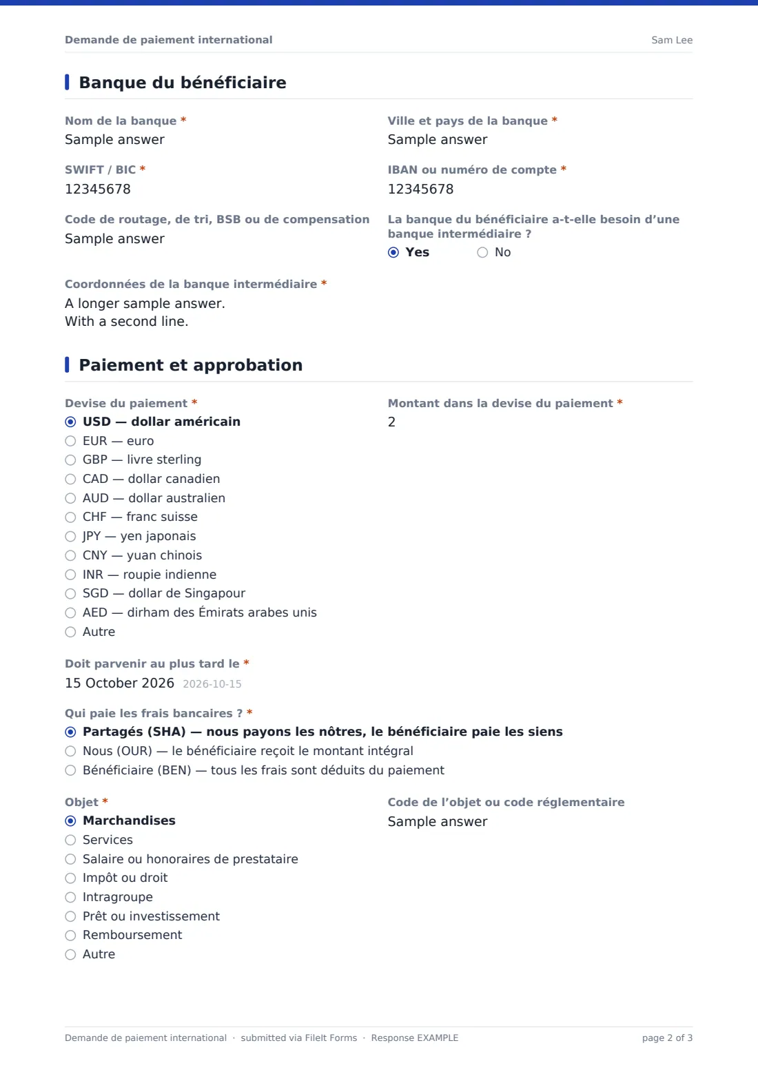 Demande de paiement international — exemple de réponse au format PDF, page 2 sur 3