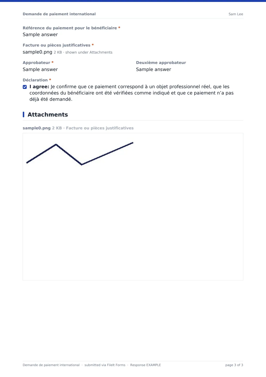 Demande de paiement international — exemple de réponse au format PDF, page 3 sur 3