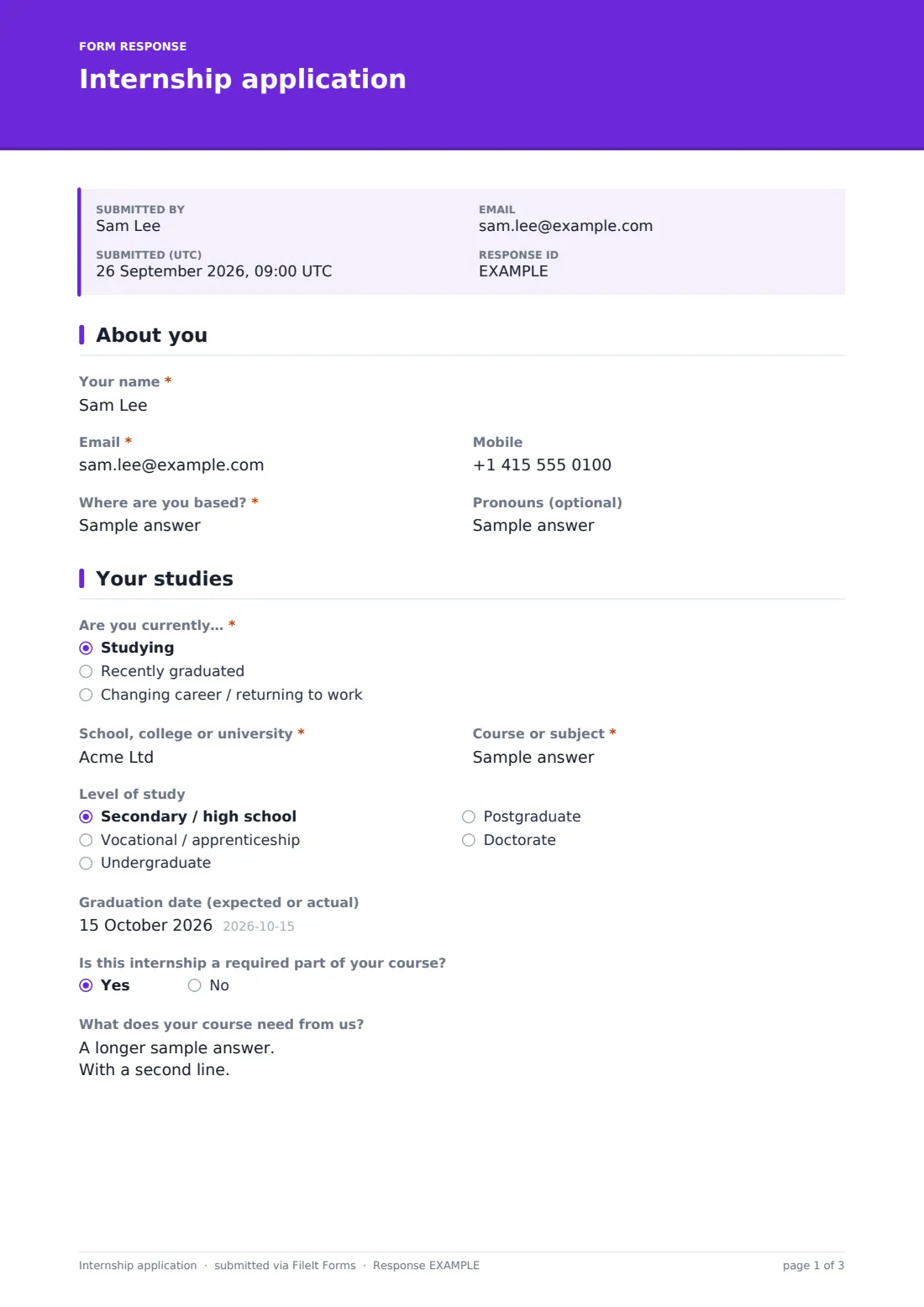 Internship application — example response PDF, page 1 of 3