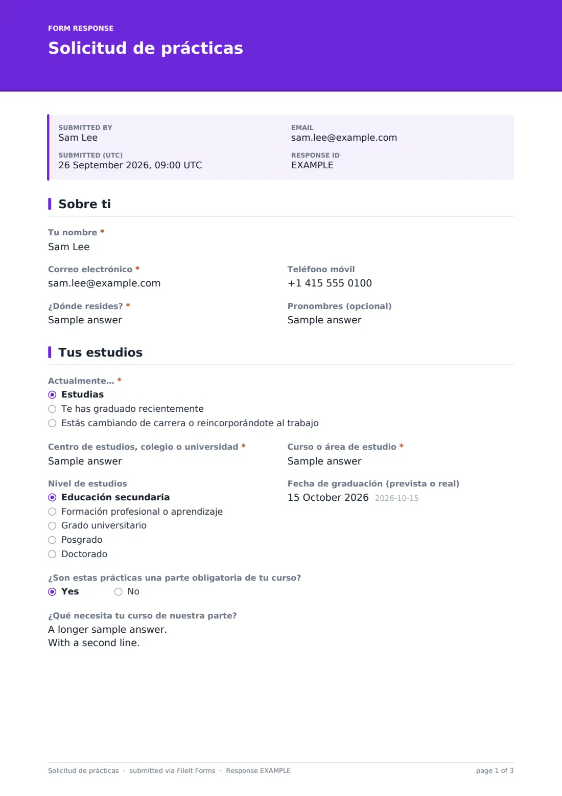 Solicitud de prácticas — PDF de respuesta de ejemplo, página 1 de 3