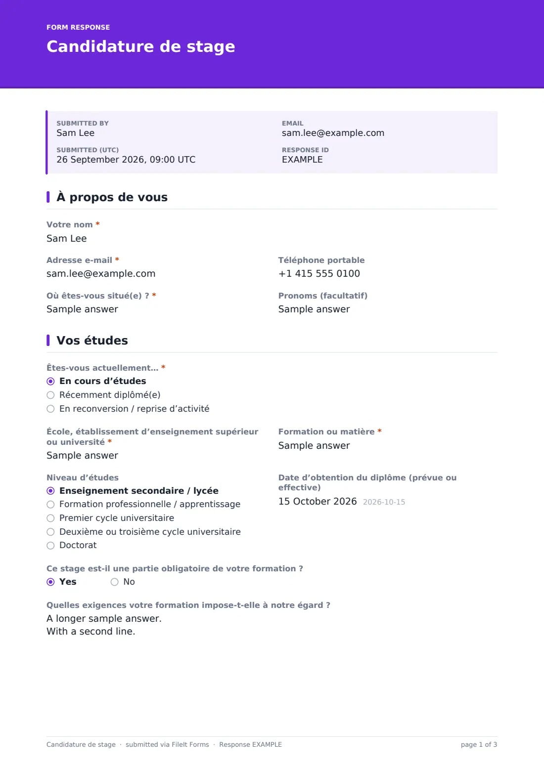 Candidature de stage — exemple de réponse au format PDF, page 1 sur 3