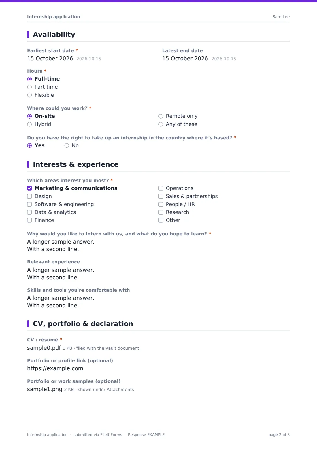 Internship application — example response PDF, page 2 of 3
