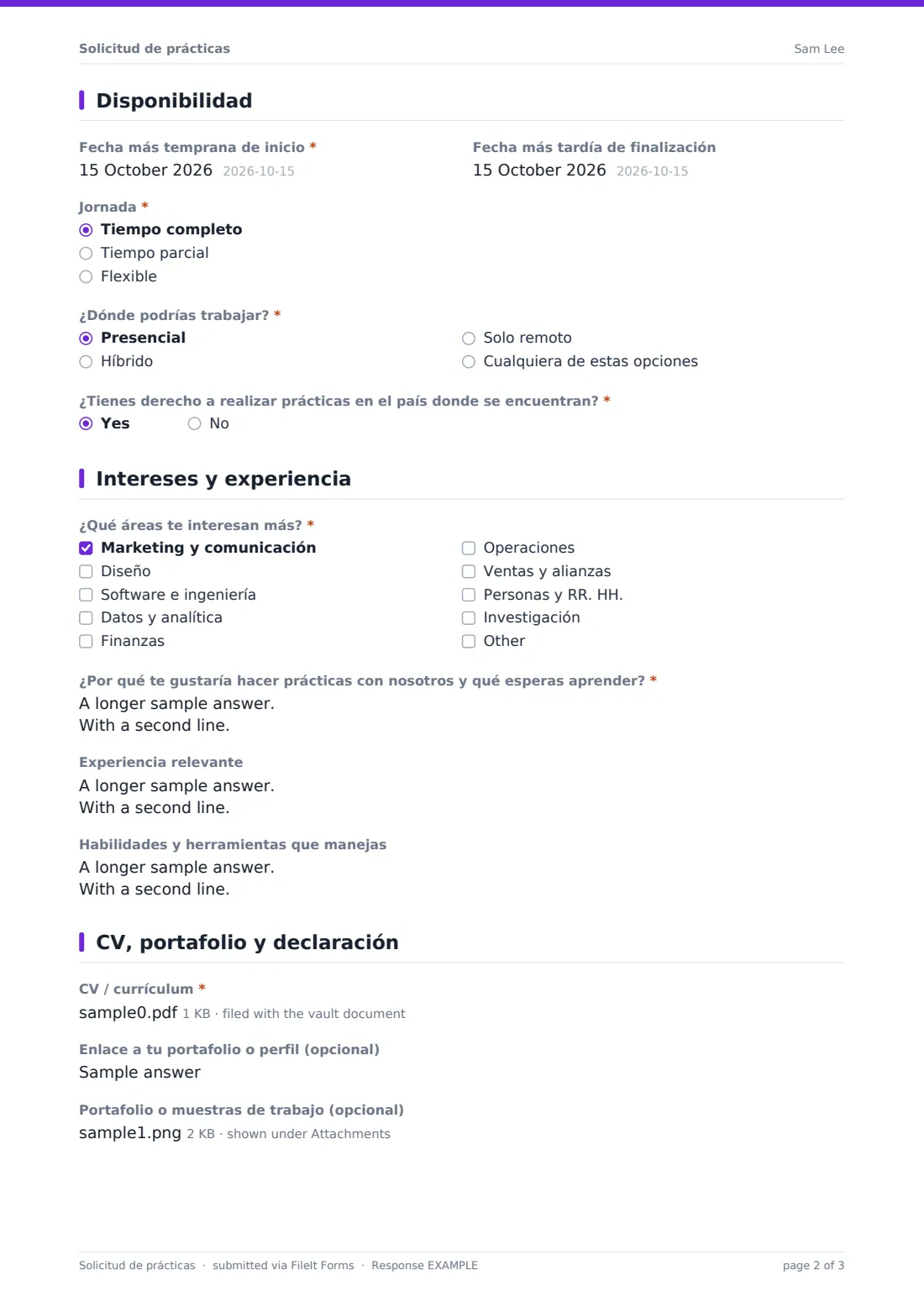 Solicitud de prácticas — PDF de respuesta de ejemplo, página 2 de 3