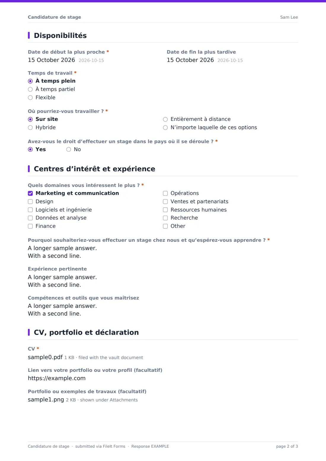 Candidature de stage — exemple de réponse au format PDF, page 2 sur 3