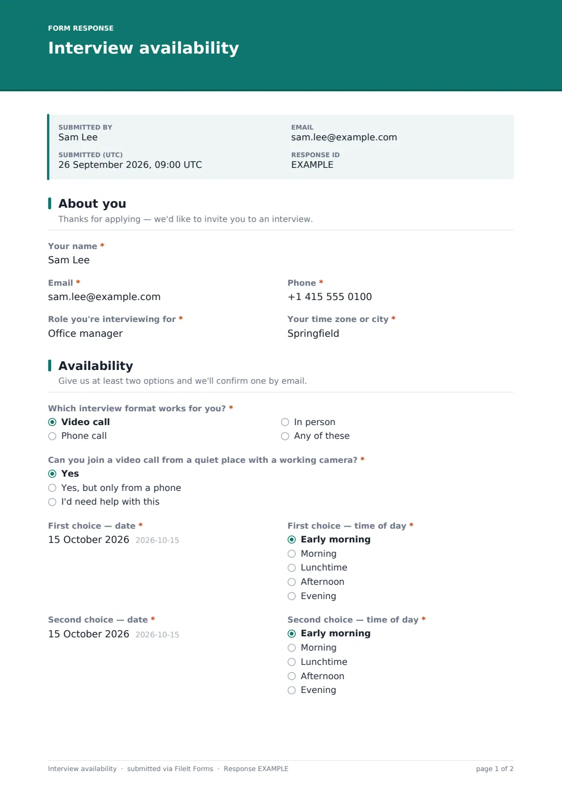 Interview availability — example response PDF, page 1 of 2