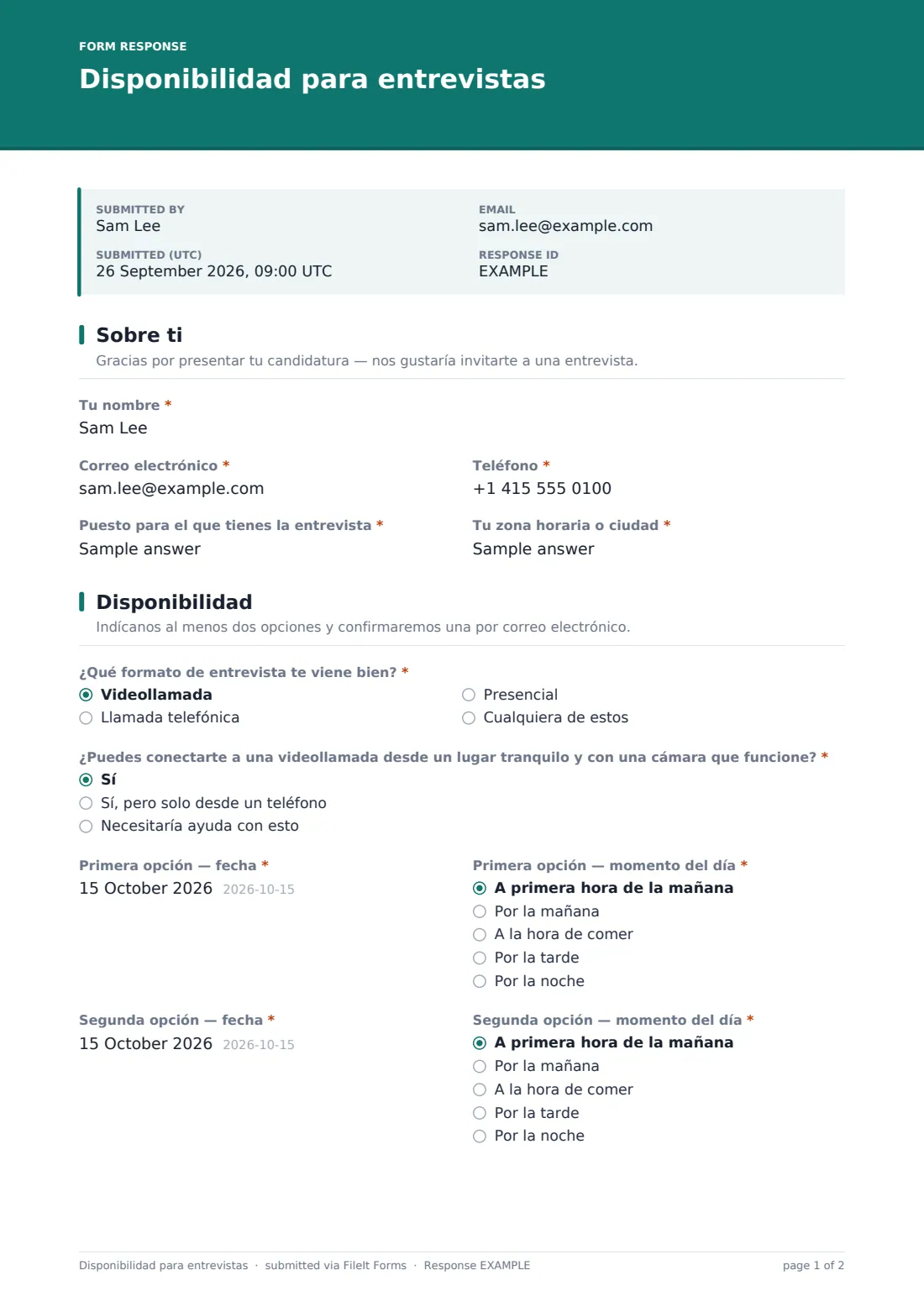Disponibilidad para entrevistas — PDF de respuesta de ejemplo, página 1 de 2