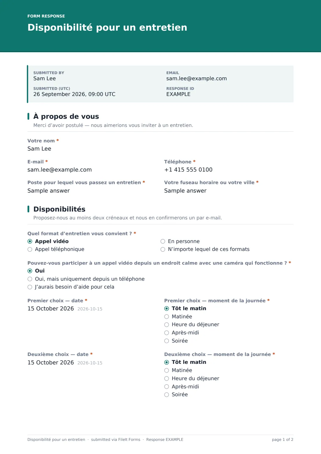 Disponibilité pour un entretien — exemple de réponse au format PDF, page 1 sur 2
