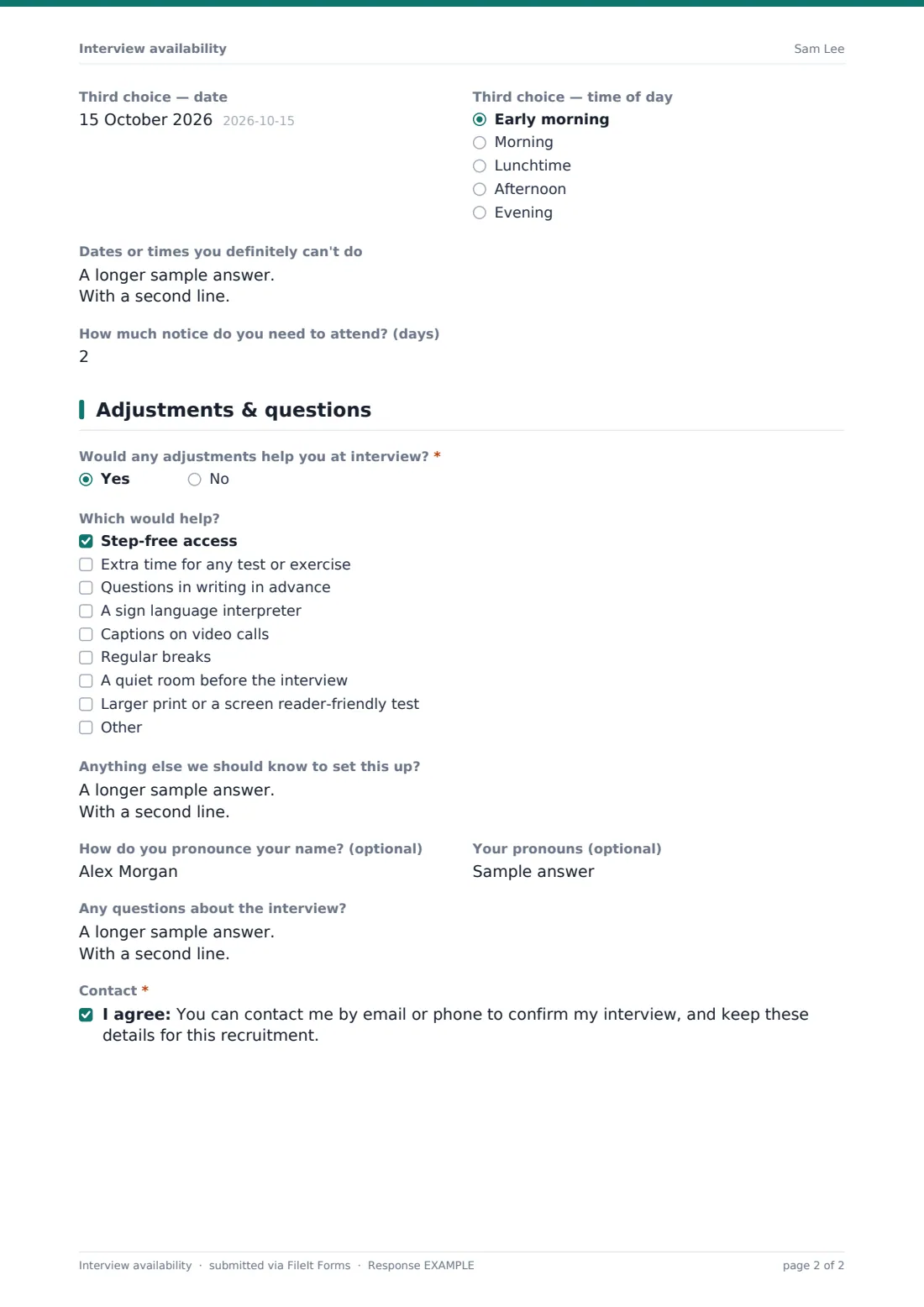 Interview availability — example response PDF, page 2 of 2