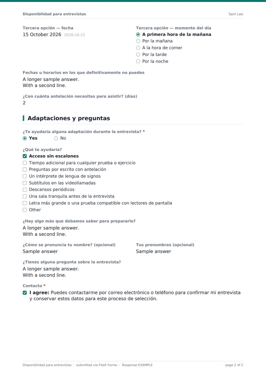 Disponibilidad para entrevistas — PDF de respuesta de ejemplo, página 2 de 2