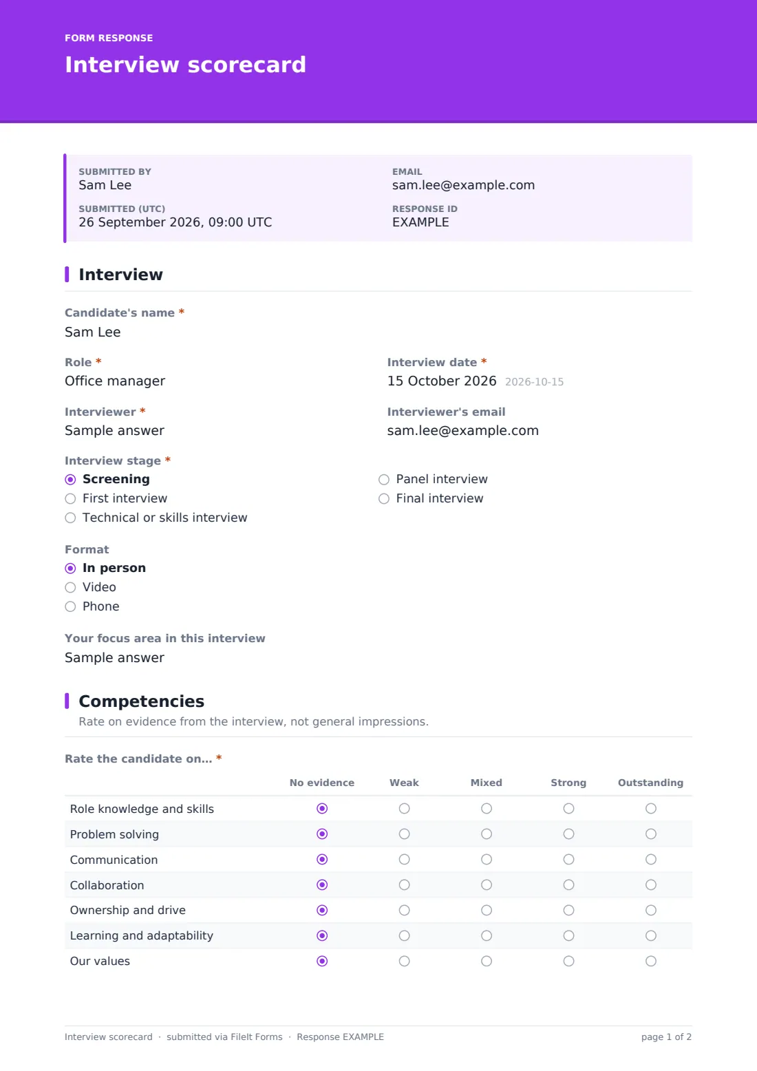 Interview scorecard — example response PDF, page 1 of 2