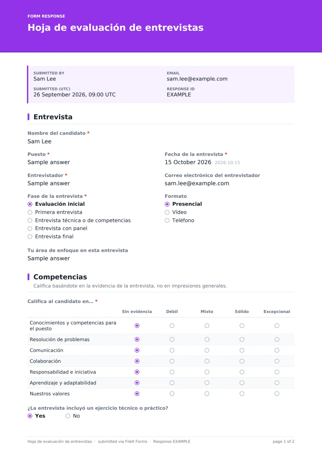 Hoja de evaluación de entrevistas — PDF de respuesta de ejemplo, página 1 de 2