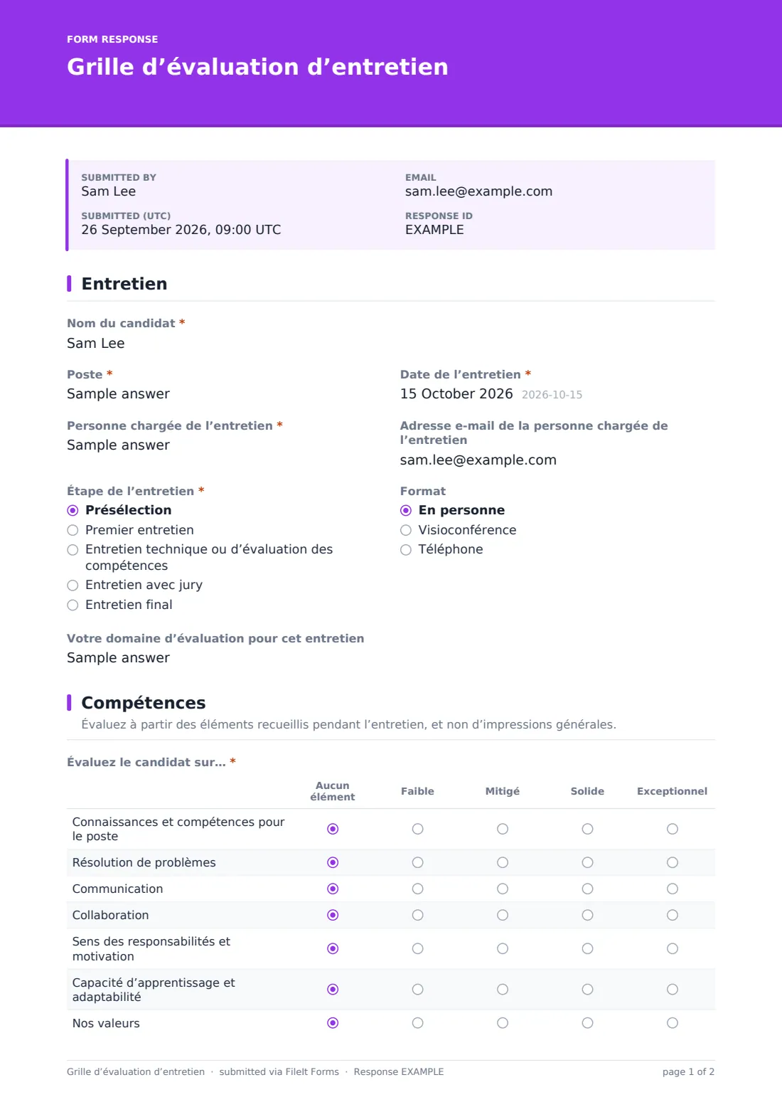Grille d’évaluation d’entretien — exemple de réponse au format PDF, page 1 sur 2
