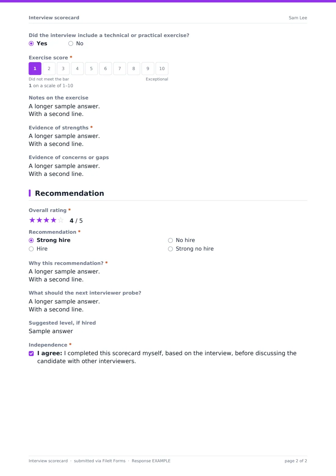 Interview scorecard — example response PDF, page 2 of 2