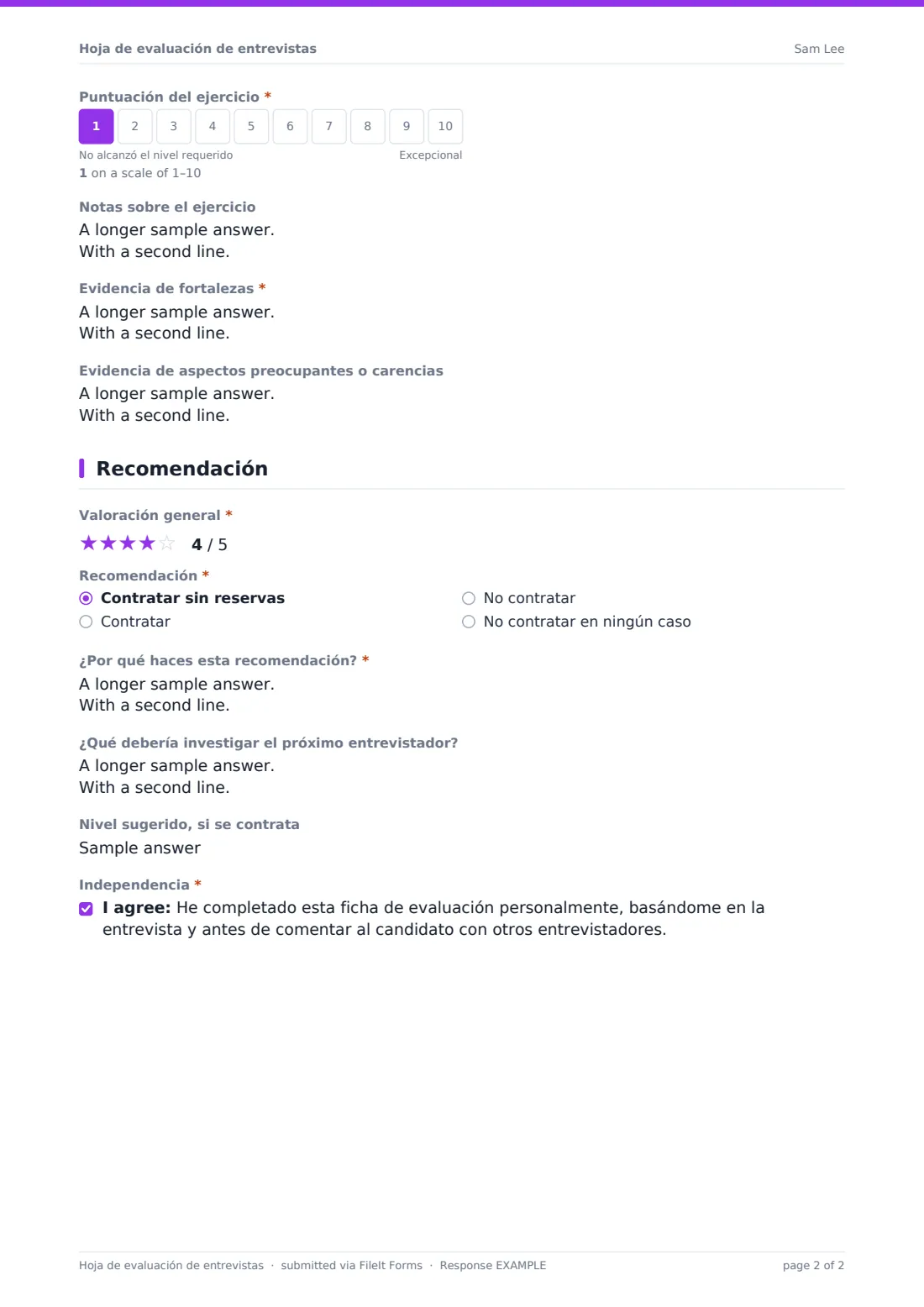Hoja de evaluación de entrevistas — PDF de respuesta de ejemplo, página 2 de 2