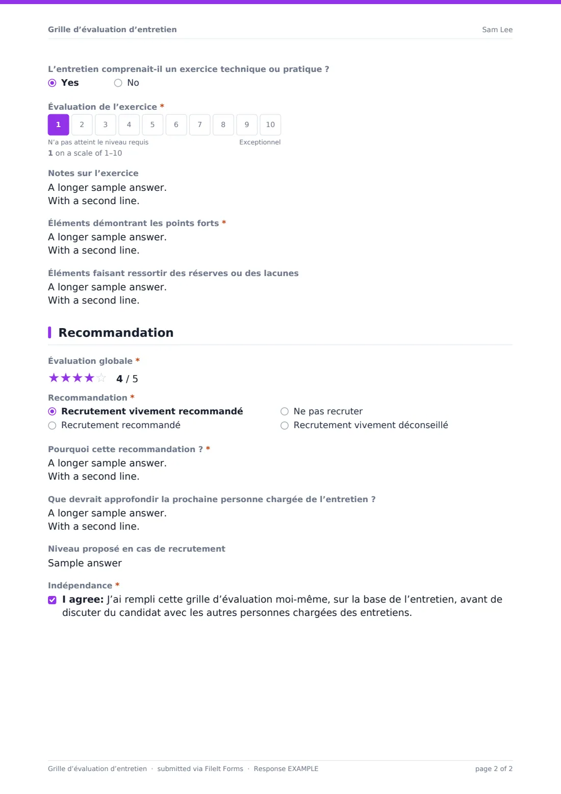 Grille d’évaluation d’entretien — exemple de réponse au format PDF, page 2 sur 2