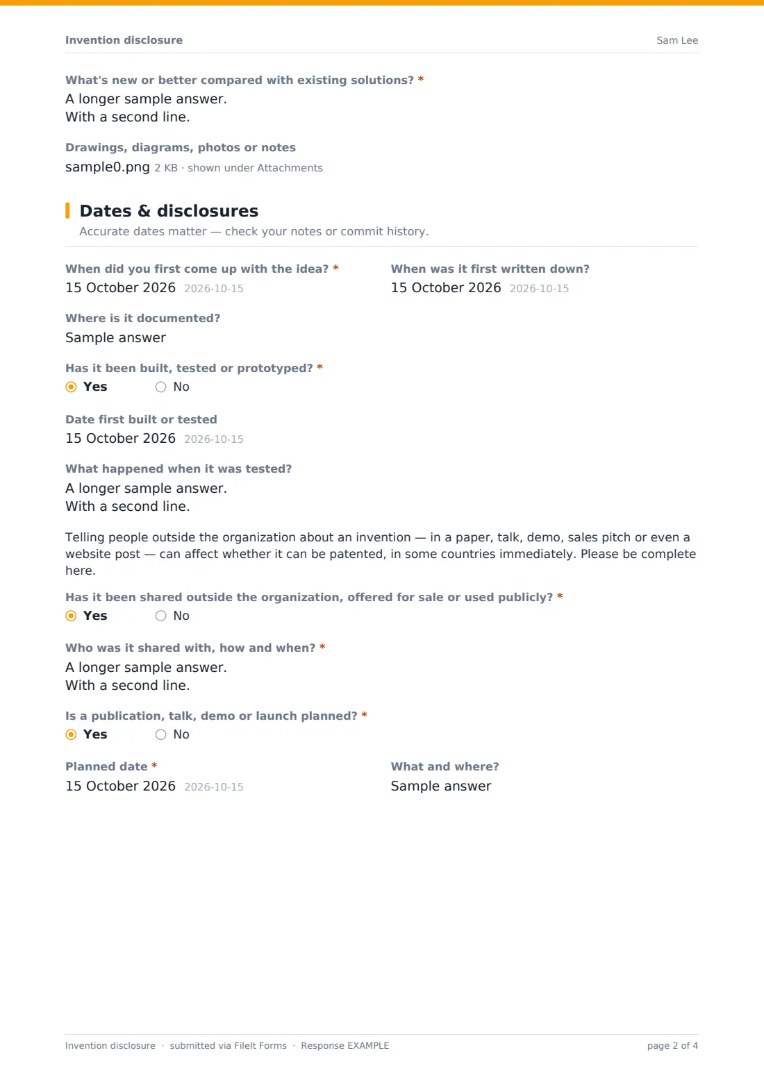 Invention disclosure — example response PDF, page 2 of 4