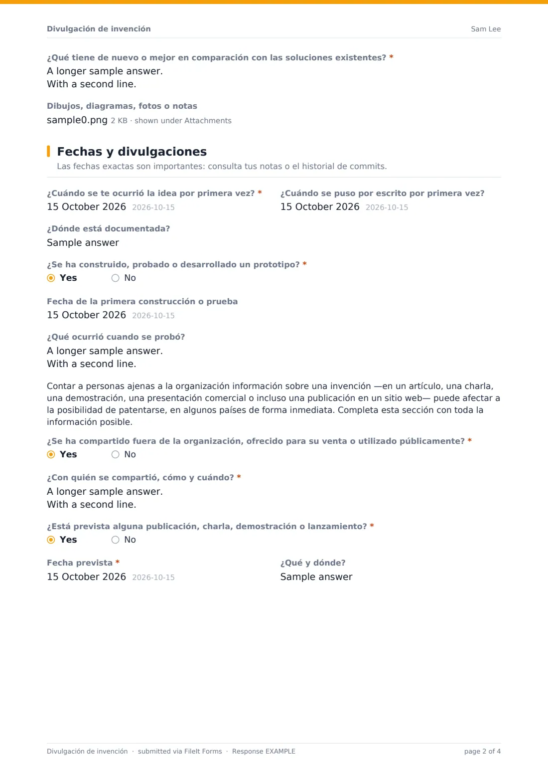 Divulgación de invención — PDF de respuesta de ejemplo, página 2 de 4