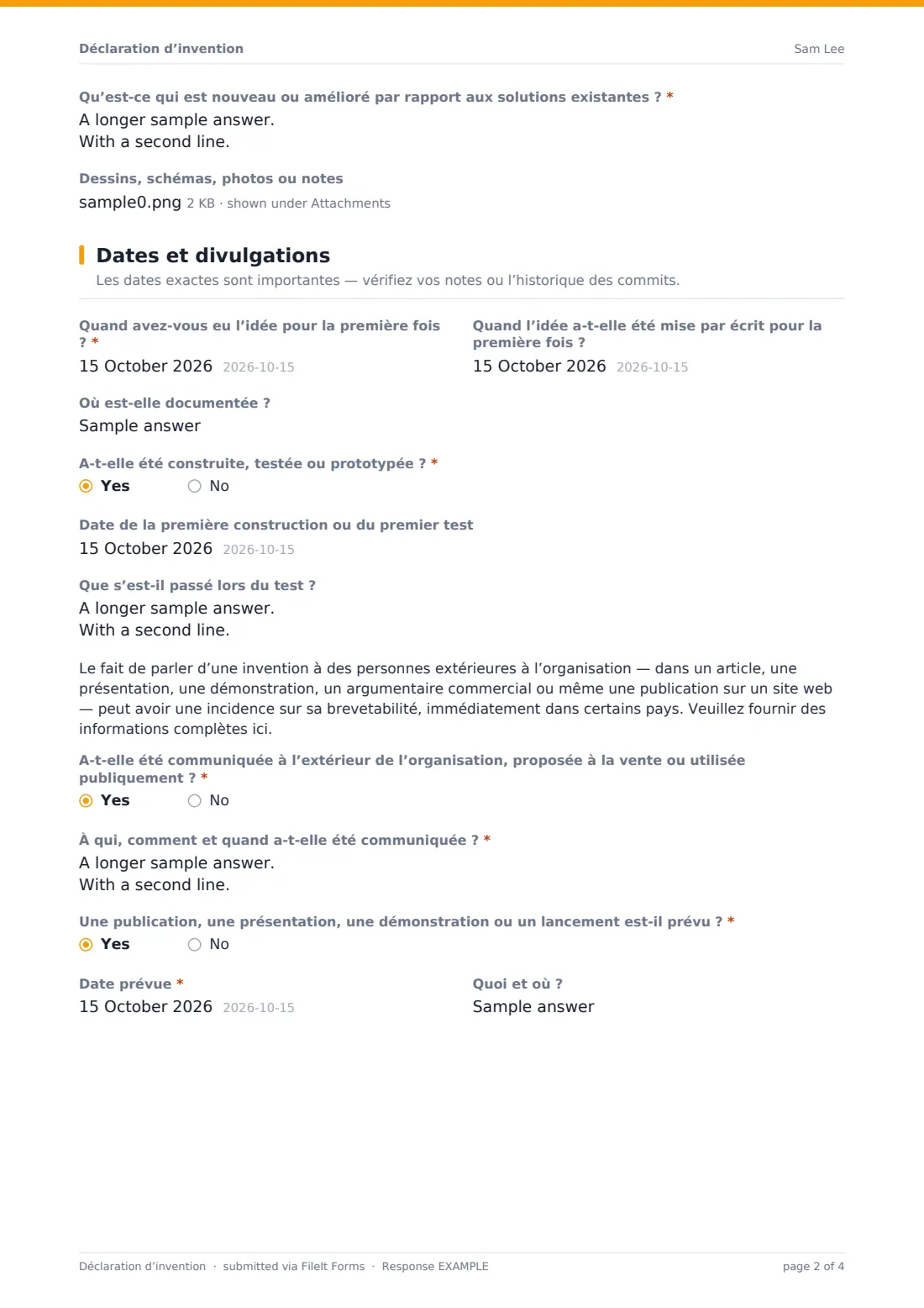 Déclaration d’invention — exemple de réponse au format PDF, page 2 sur 4