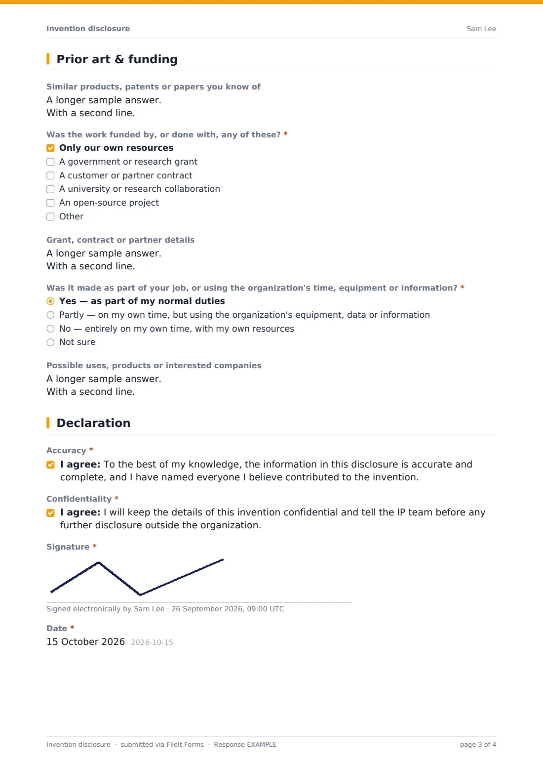 Invention disclosure — example response PDF, page 3 of 4