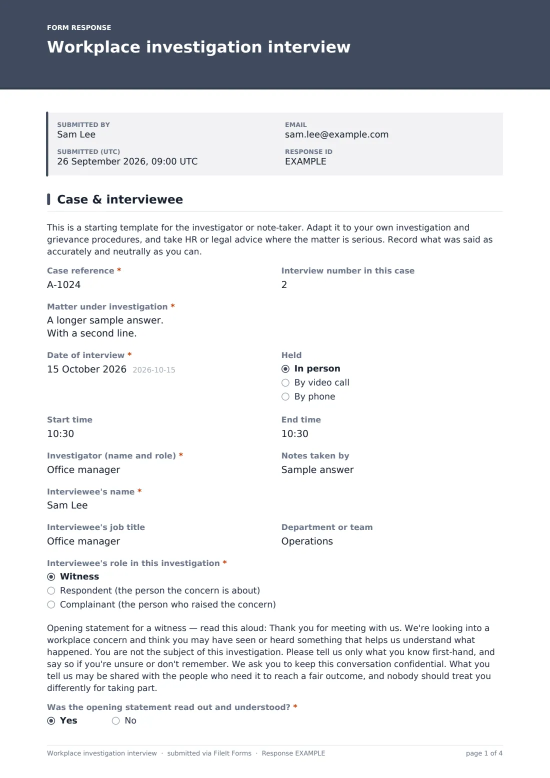 Workplace investigation interview — example response PDF, page 1 of 4
