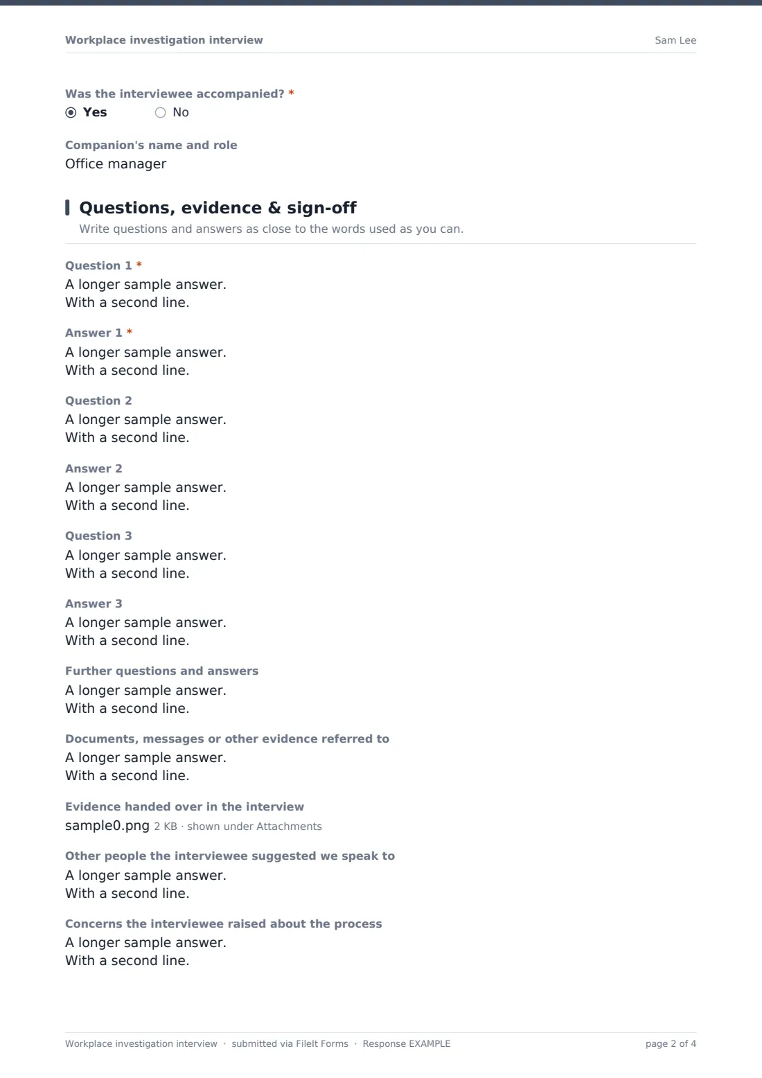 Workplace investigation interview — example response PDF, page 2 of 4