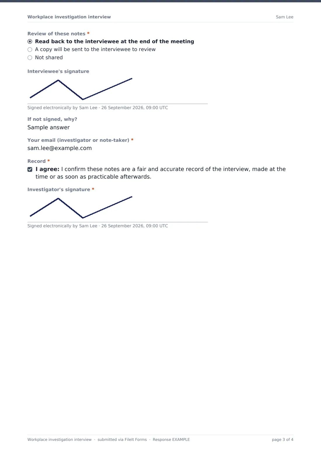 Workplace investigation interview — example response PDF, page 3 of 4