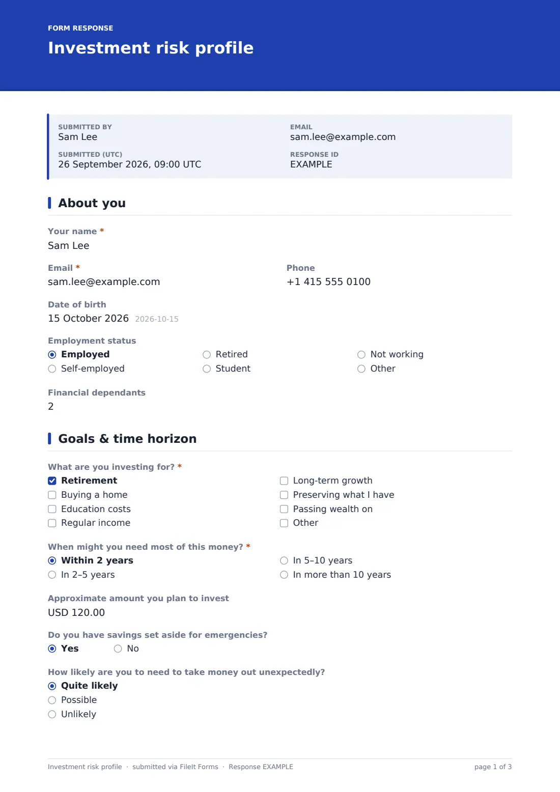 Investment risk profile — example response PDF, page 1 of 3