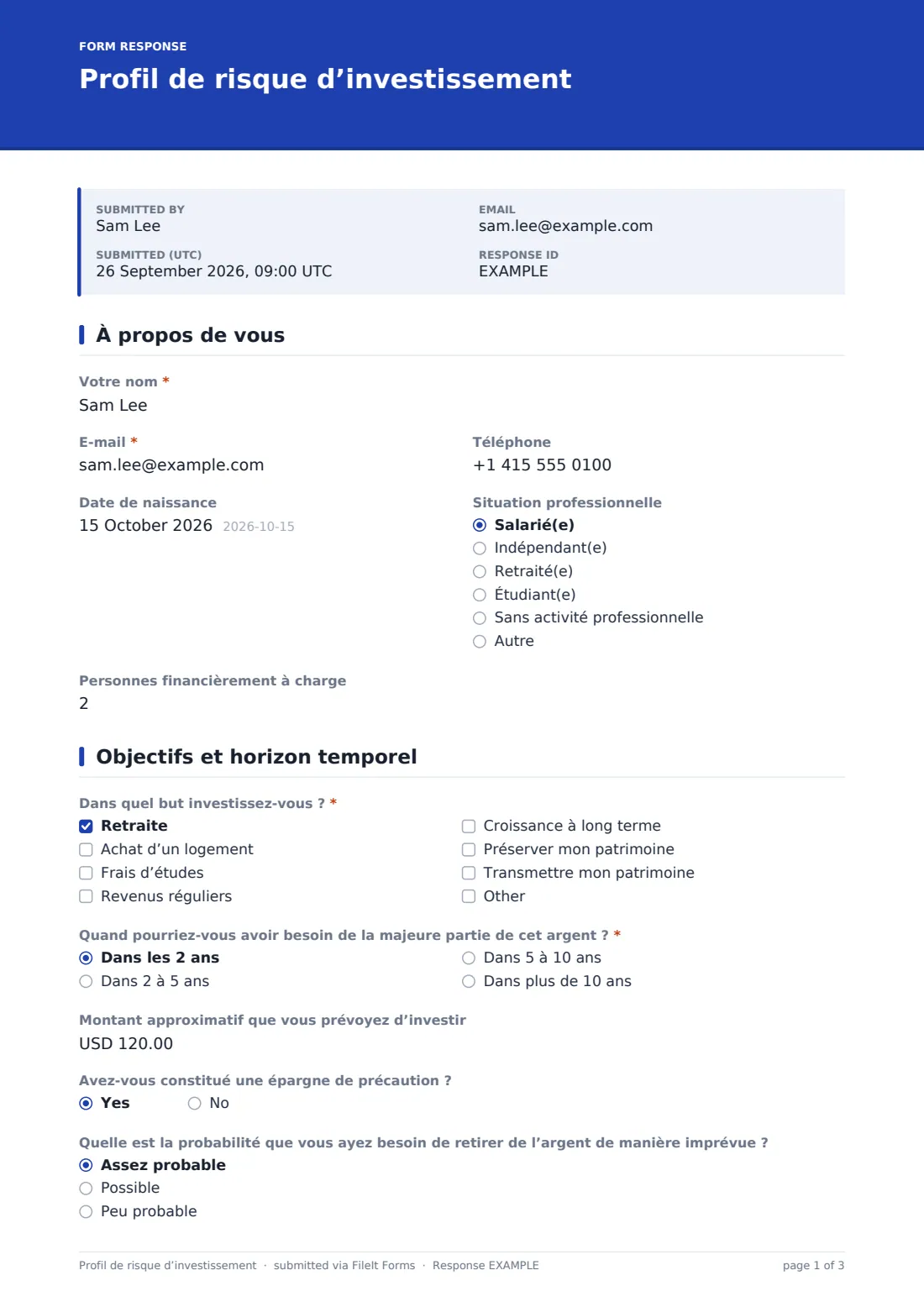 Profil de risque d’investissement — exemple de réponse au format PDF, page 1 sur 3
