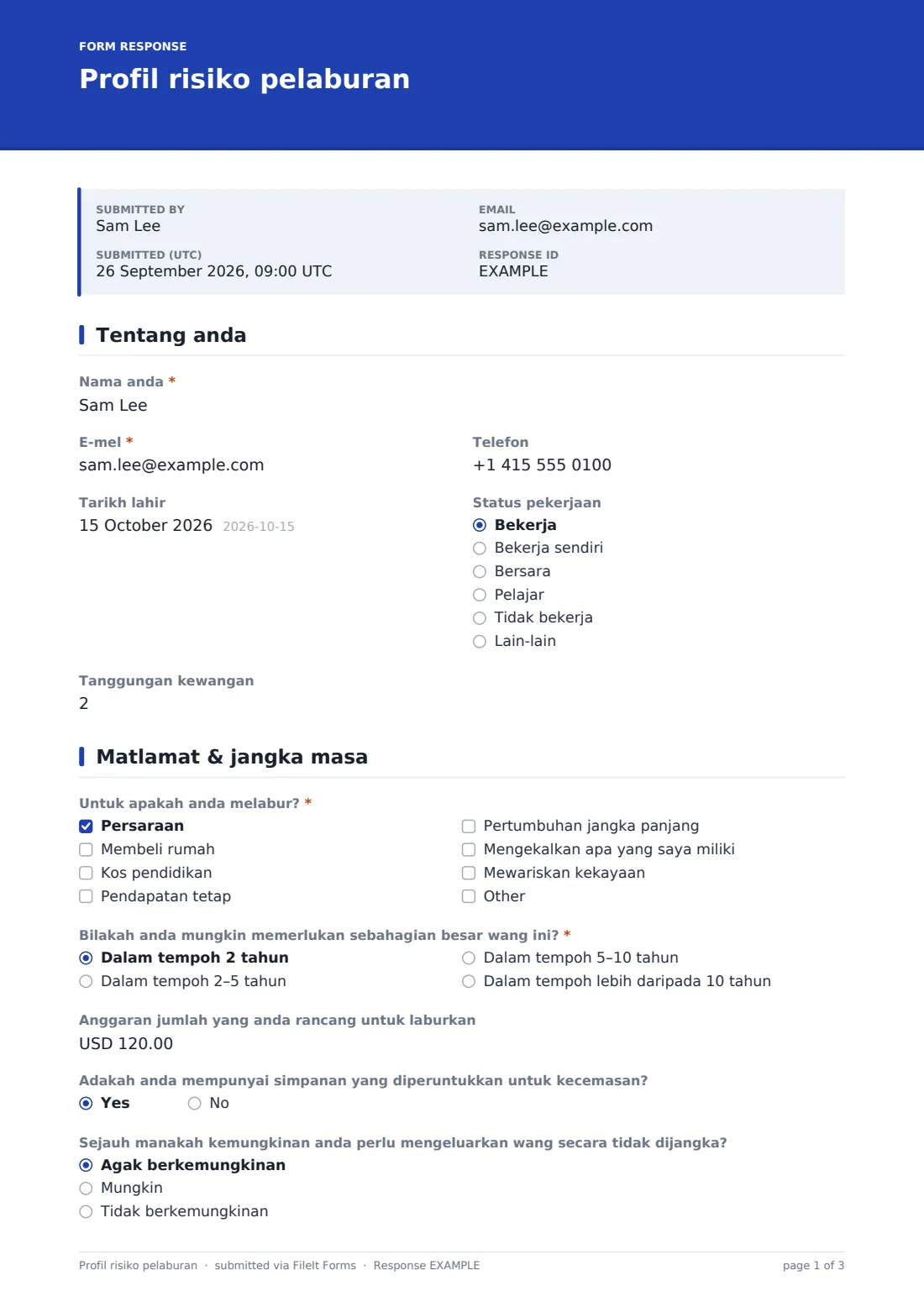 Profil risiko pelaburan — PDF respons contoh, halaman 1 daripada 3