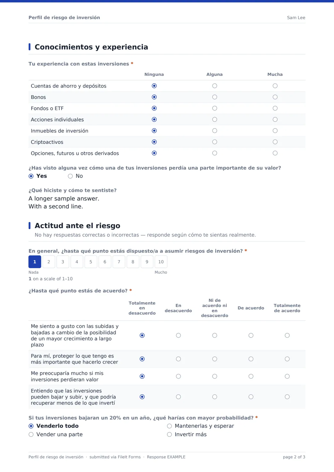 Perfil de riesgo de inversión — PDF de respuesta de ejemplo, página 2 de 3