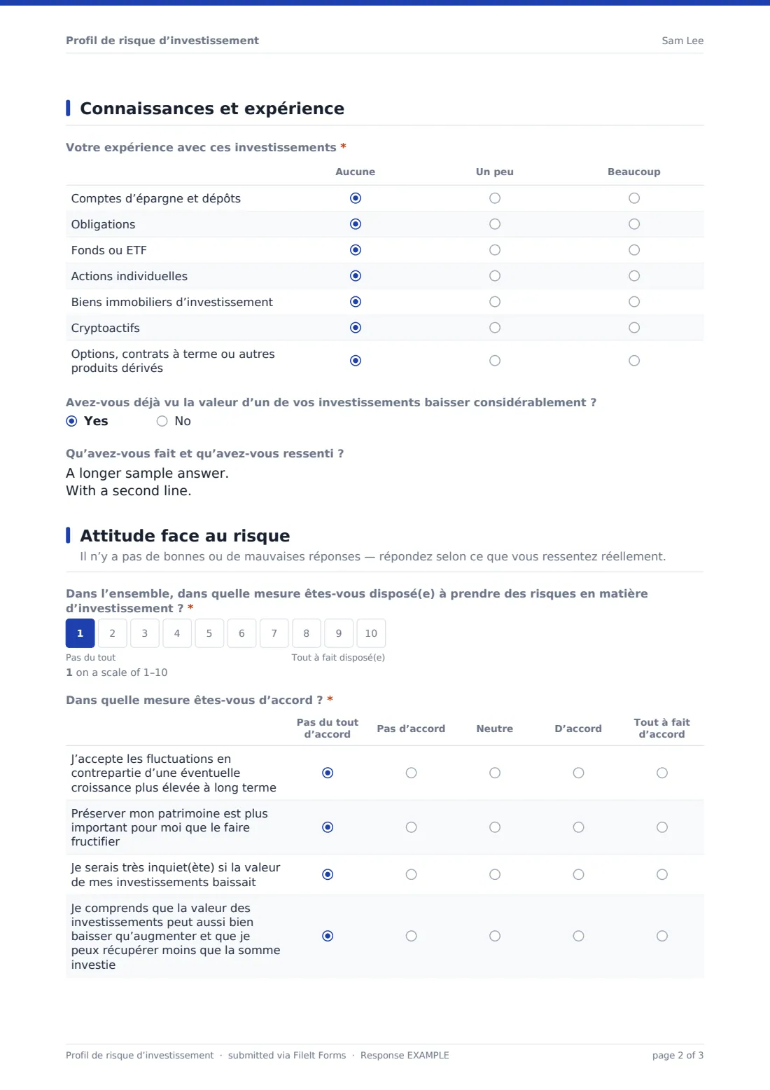 Profil de risque d’investissement — exemple de réponse au format PDF, page 2 sur 3