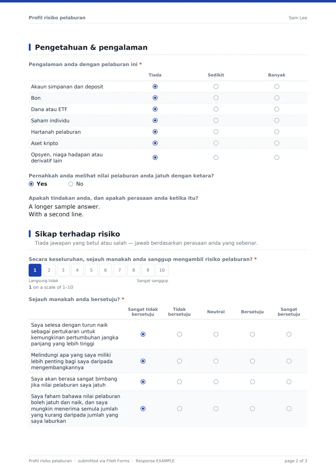 Profil risiko pelaburan — PDF respons contoh, halaman 2 daripada 3