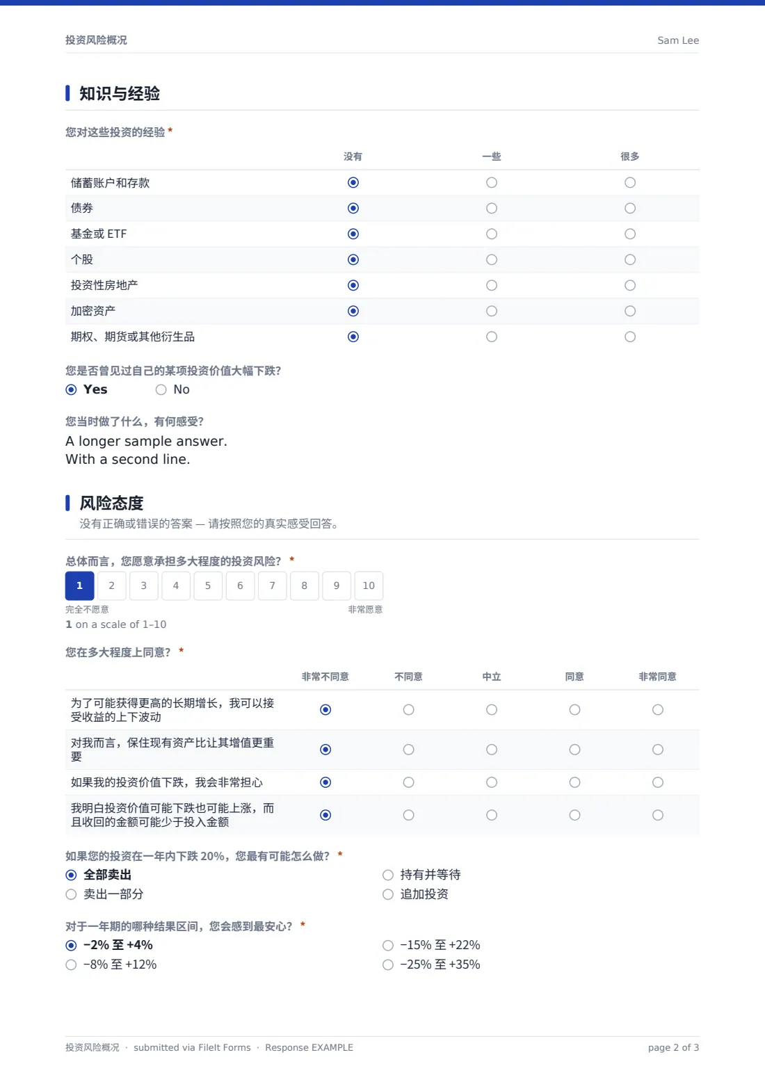投资风险概况 — 示例回复 PDF，第 2 页，共 3 页