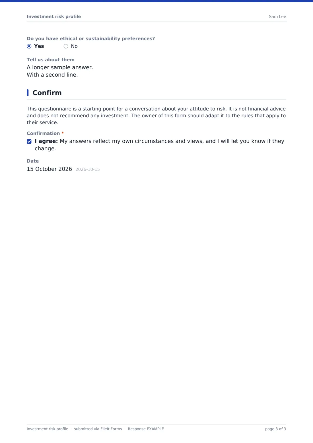 Investment risk profile — example response PDF, page 3 of 3