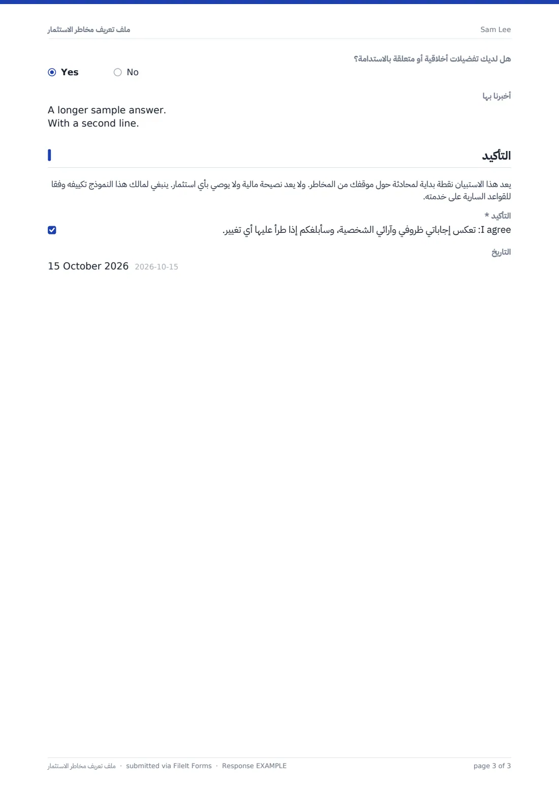ملف تعريف مخاطر الاستثمار — ملف PDF لرد نموذجي، الصفحة 3 من 3