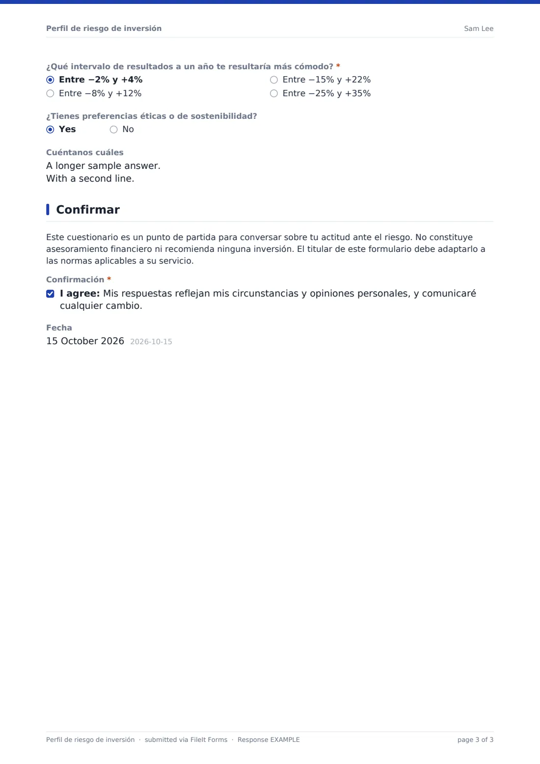 Perfil de riesgo de inversión — PDF de respuesta de ejemplo, página 3 de 3