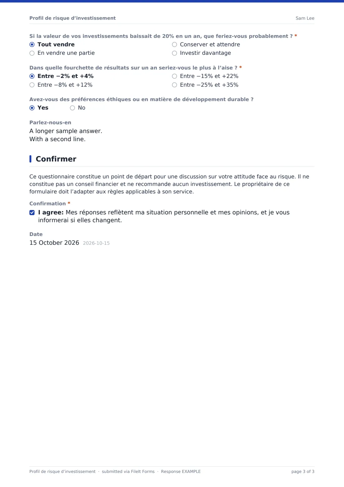 Profil de risque d’investissement — exemple de réponse au format PDF, page 3 sur 3