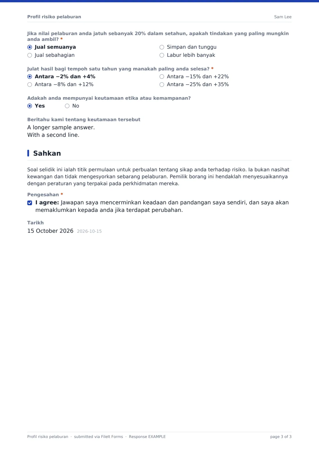 Profil risiko pelaburan — PDF respons contoh, halaman 3 daripada 3