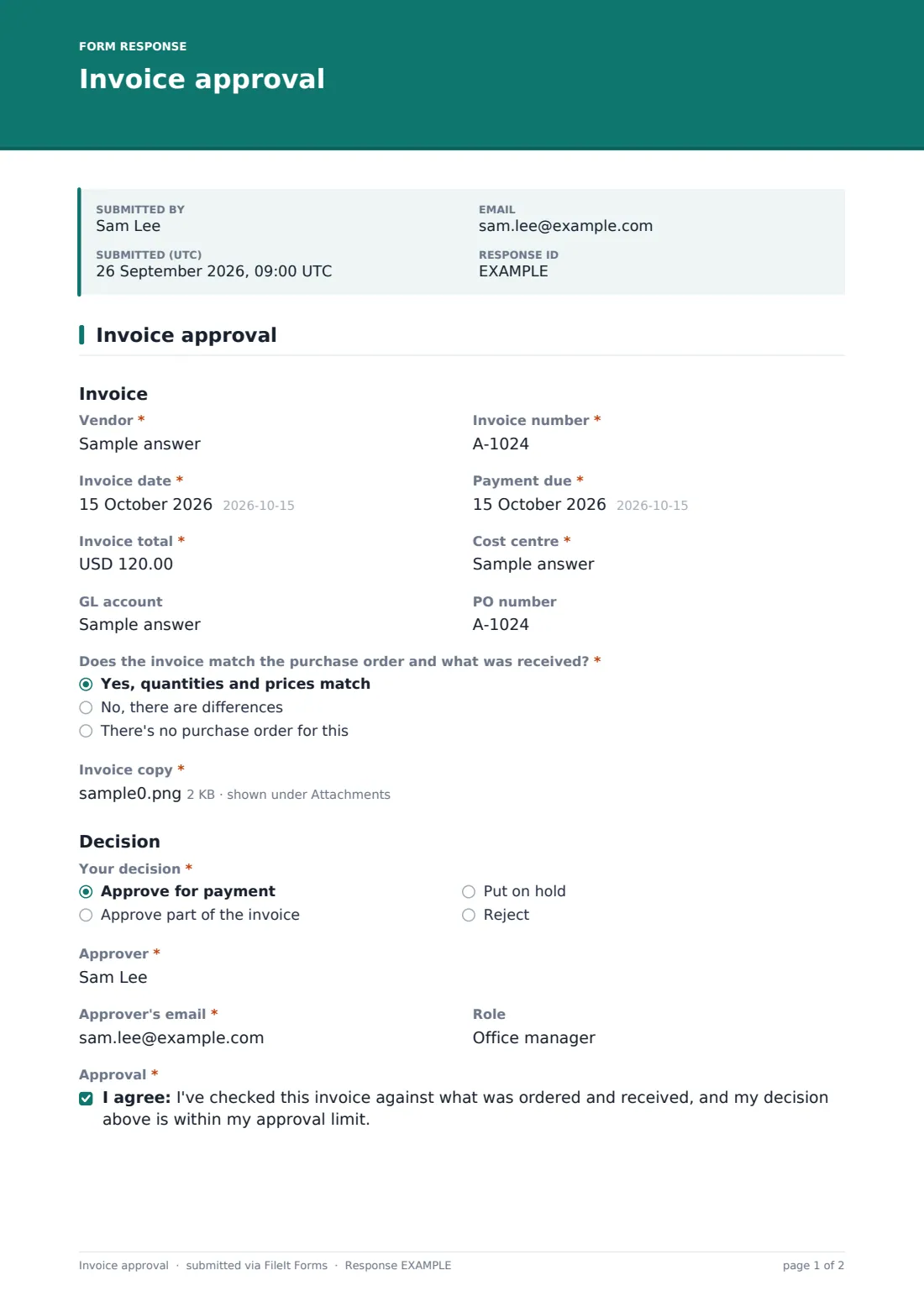 Invoice approval — example response PDF, page 1 of 2