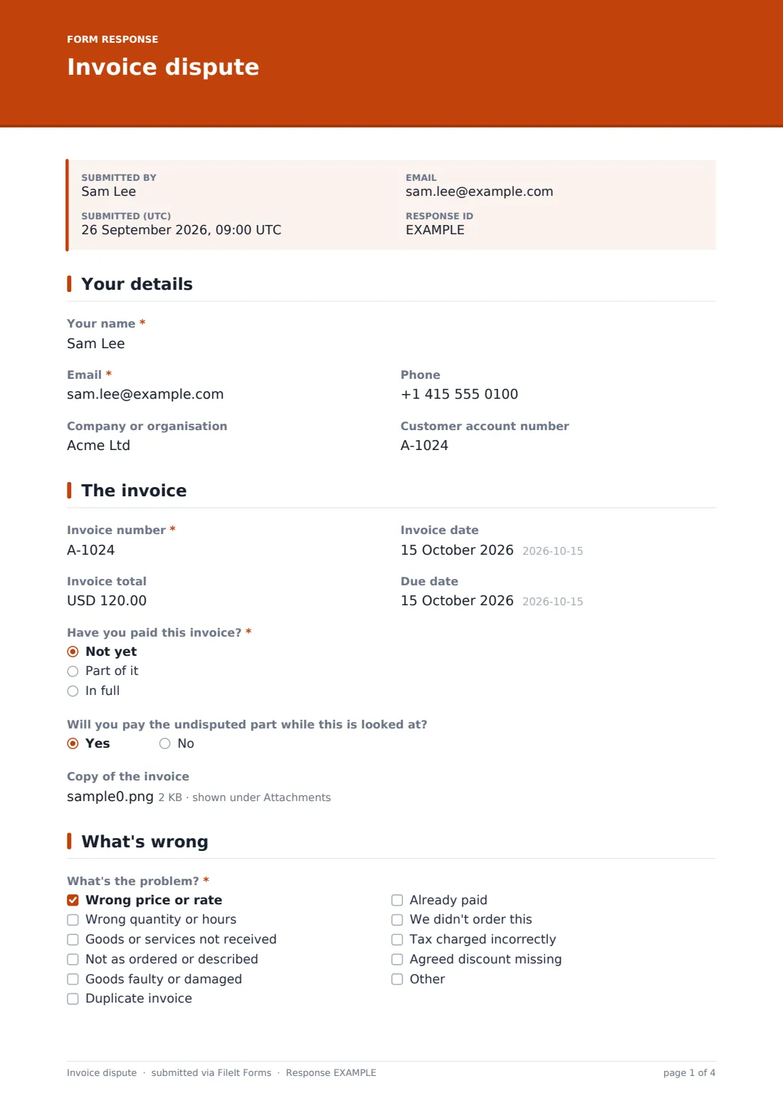 Invoice dispute — example response PDF, page 1 of 4