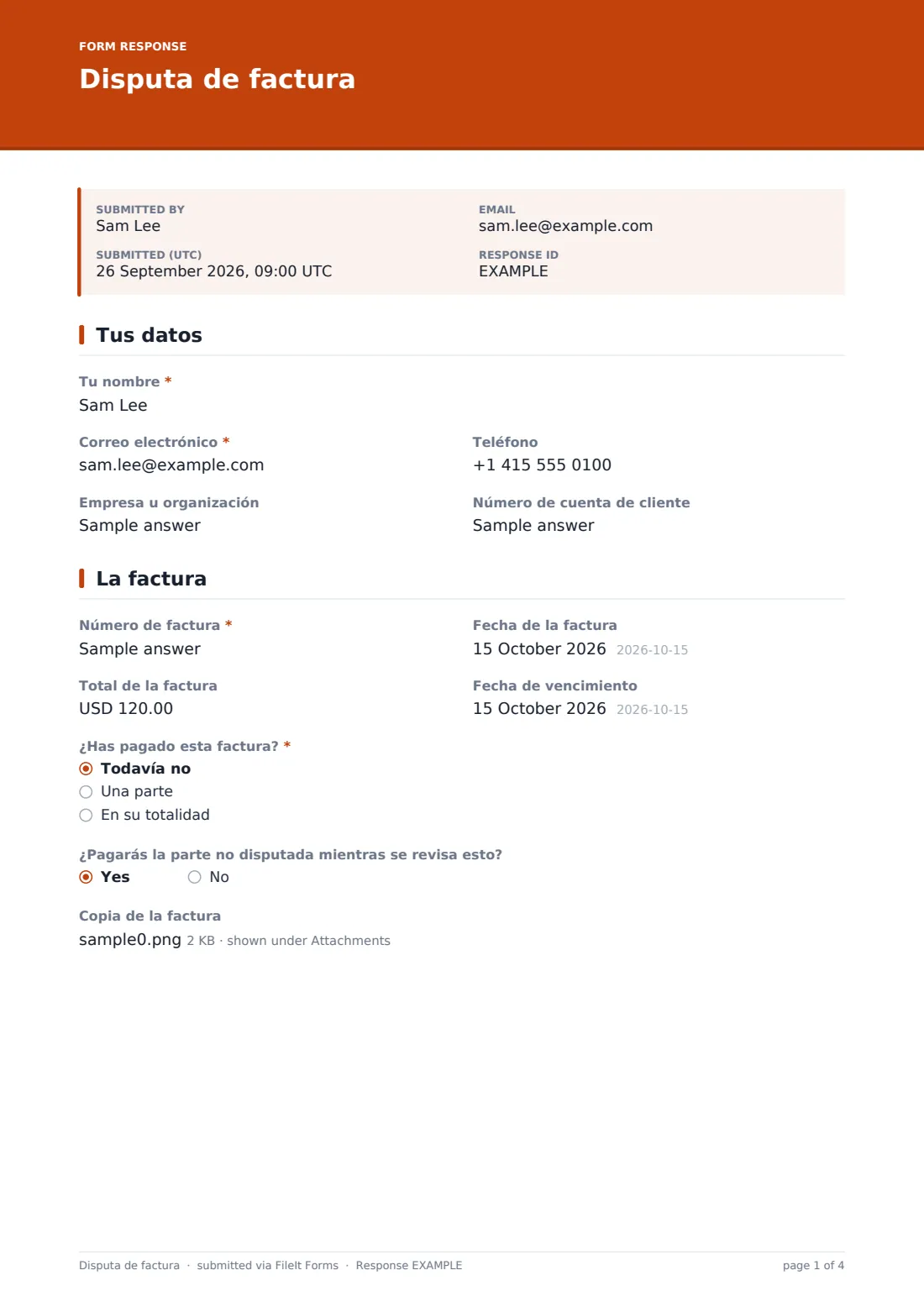 Disputa de factura — PDF de respuesta de ejemplo, página 1 de 4