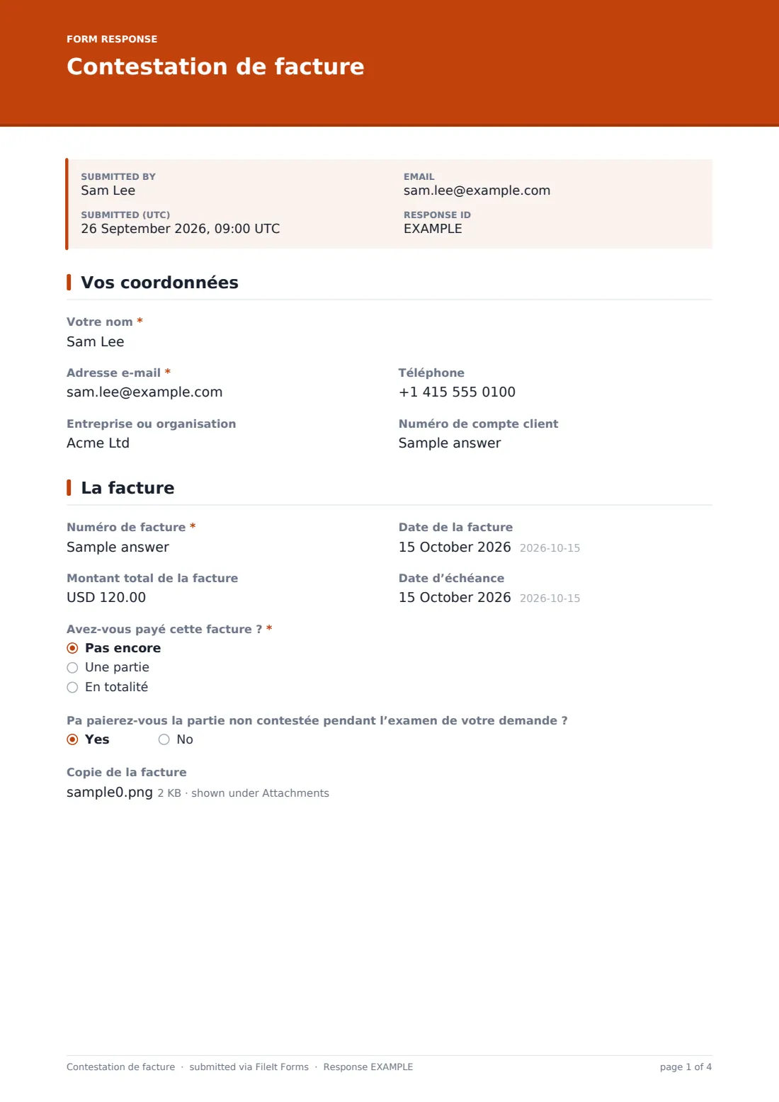Contestation de facture — exemple de réponse au format PDF, page 1 sur 4