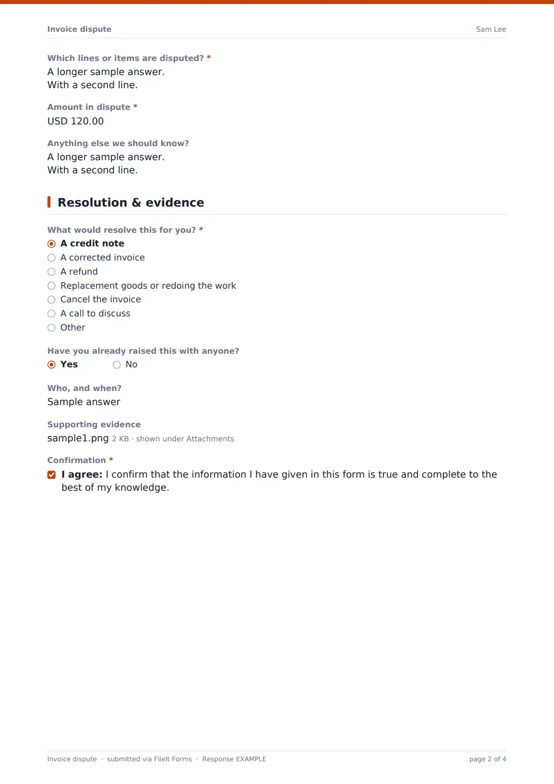 Invoice dispute — example response PDF, page 2 of 4