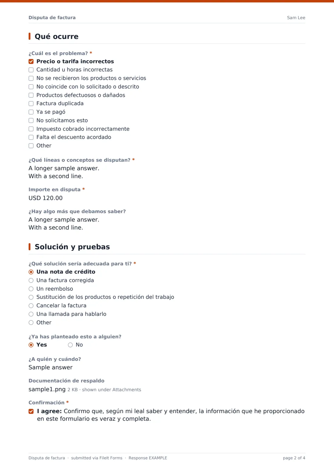 Disputa de factura — PDF de respuesta de ejemplo, página 2 de 4