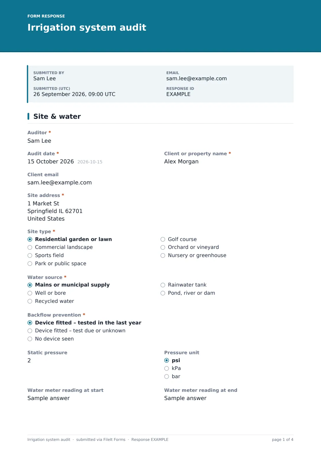 Irrigation system audit — example response PDF, page 1 of 4