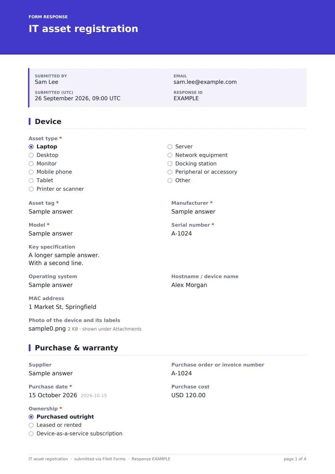IT asset registration — example response PDF, page 1 of 4
